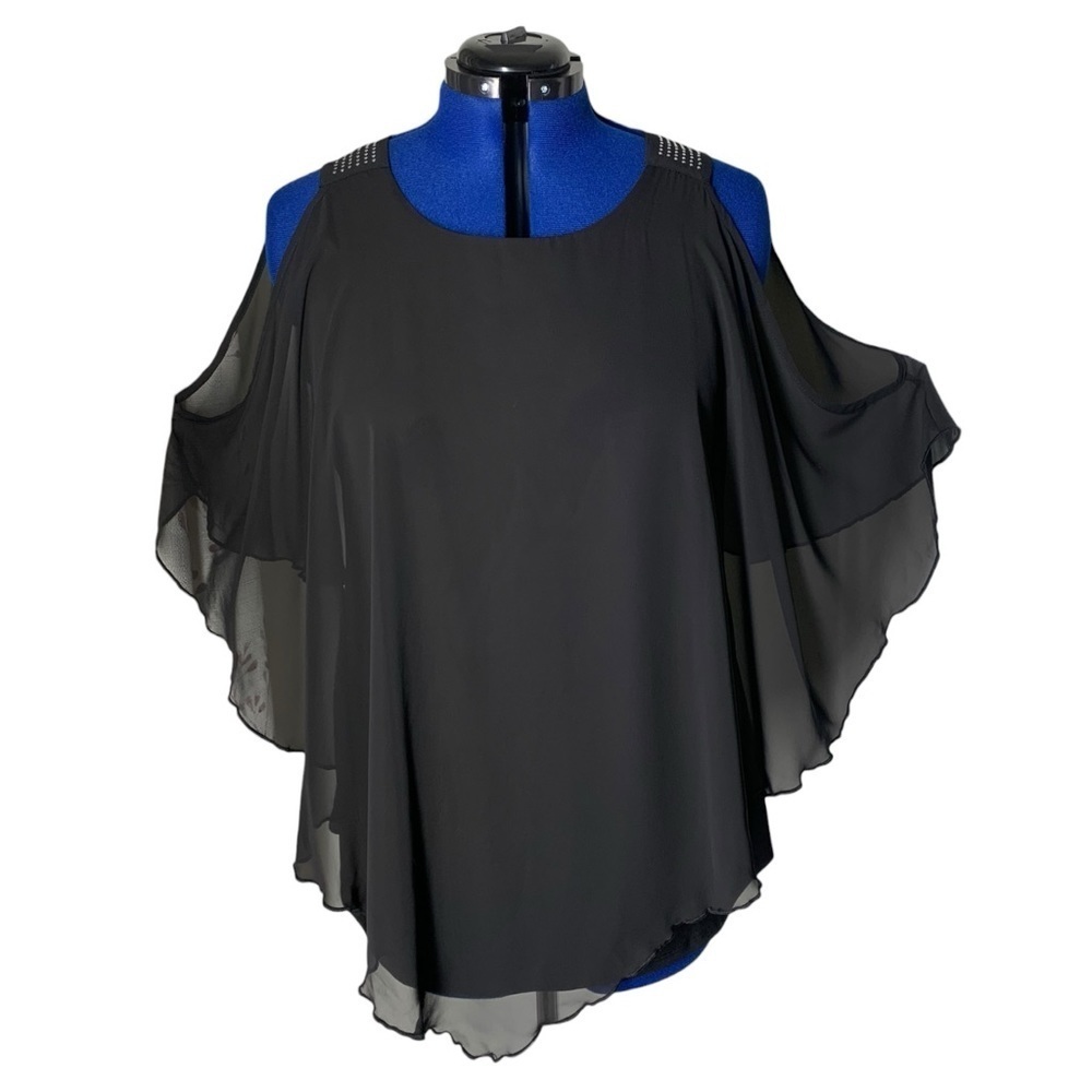 Black Sheer Cut out Shoulders Loose Fit Blouse with Rhinestones Angel Sleeves